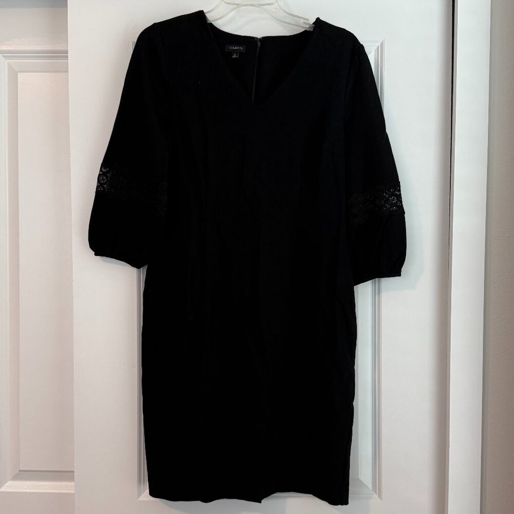 Talbots Women's V Neck 3/4 Sleeve Crochet Inset Dress Black Stretch Size 6